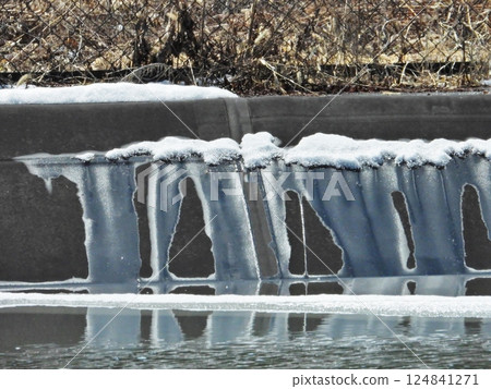 A small stream flowing through a frozen dam A small stream flowing through a frozen dam 124841271