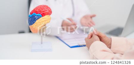 Elderly Patient consulting Doctor to Brain disease, Senior Health Medical Diagnosis. Anatomy Brain model for Explanation, Brain Tumor, neurological disorders, Dementia, alzheimer, parkinson and Mental 124841326
