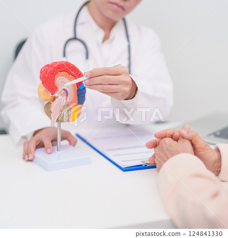 Elderly Patient consulting Doctor to Brain disease, Senior Health Medical Diagnosis. Anatomy Brain model for Explanation, Brain Tumor, neurological disorders, Dementia, alzheimer, parkinson and Mental 124841330