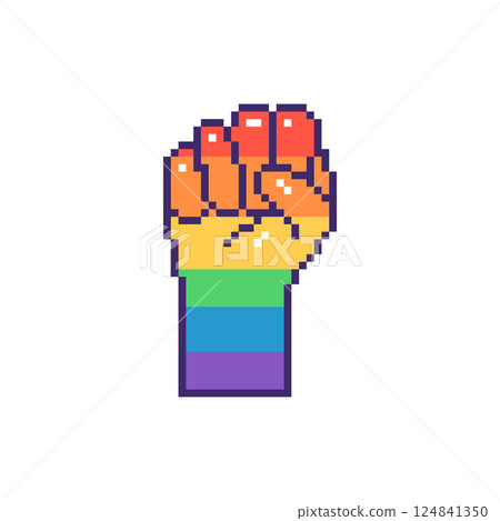 Raised pixel fist in vibrant rainbow colors. Hand drawn vector illustration. 124841350