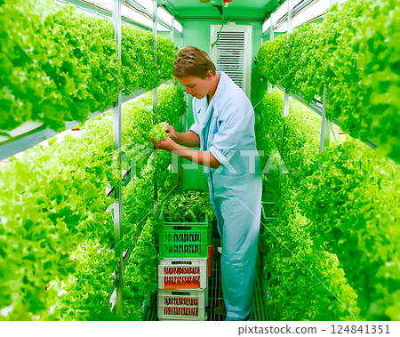 蔬菜工廠:一名男子手持綠色蔬菜的圖片 蔬菜工廠:一名男子手持綠色蔬菜的圖片 124841351