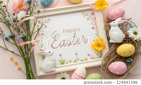 Spring composition with colored Easter eggs. 124841396