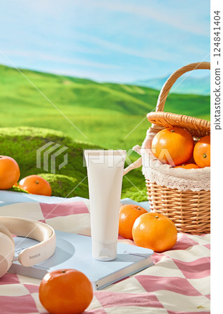 Unlabeled tubes of cosmetics and tech headphones lie on a slight blue notebook. Basket of oranges placed on a purple and white checkered picnic blanket. Misty mountains are visible in the distance. Unlabeled tubes of cosmetics and tech headphones lie on a slight blue notebook. Basket of oranges placed on a purple and white checkered picnic blanket. Misty mountains are visible in the distance. 124841404