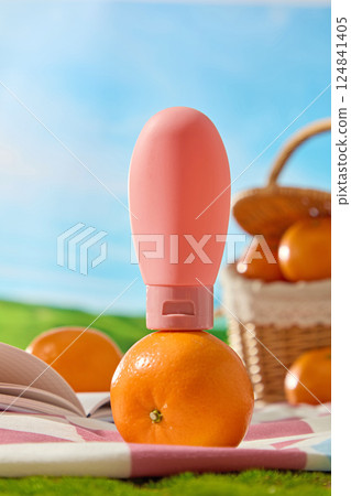 Pink elliptical tube of cream stacked on a round brilliant orange, with a checkered carpet underneath. The bamboo basket containing citrus burst orange is blurred in behind. Blue sky background. 124841405