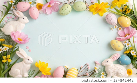 Spring composition with colored Easter eggs. 124841442