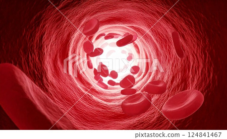 3D illustration of red blood cells moving inside blood vessels in the body Medical material 3D illustration of red blood cells moving inside blood vessels in the body Medical material 124841467
