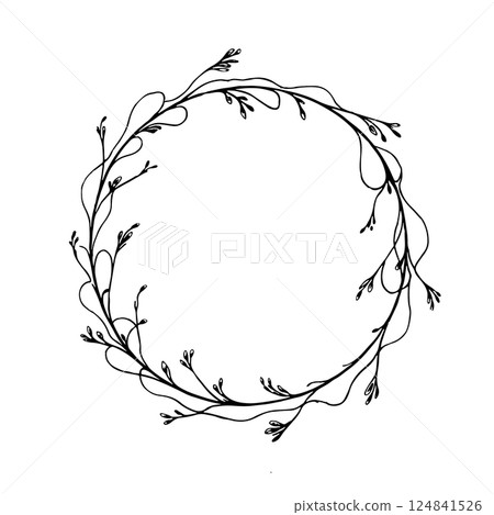 Elegant Floral Round Frame. A graceful round frame decorated with delicate branches and floral elements. 124841526