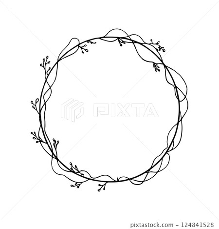 Elegant Floral Round Frame. A graceful round frame decorated with delicate branches and floral elements. 124841528