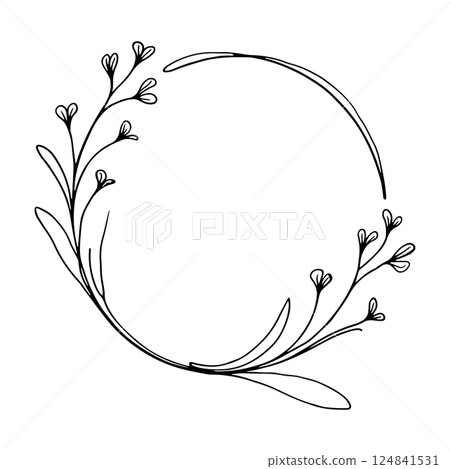 Elegant Floral Round Frame. A graceful round frame decorated with delicate branches and floral elements. 124841531