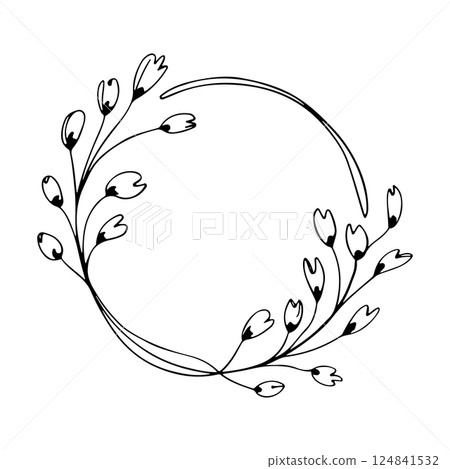 Elegant Floral Round Frame. A graceful round frame decorated with delicate branches and floral elements. Elegant Floral Round Frame. A graceful round frame decorated with delicate branches and floral elements. 124841532