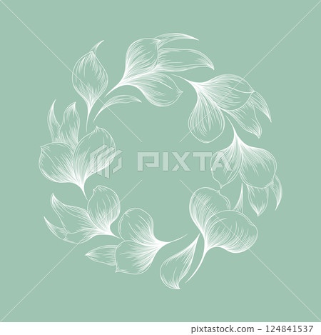 White Floral Ornament on Green Background. A white floral ornament on a soft green background with elegant hibiscus details, perfect for print design, branding, and packaging. 124841537