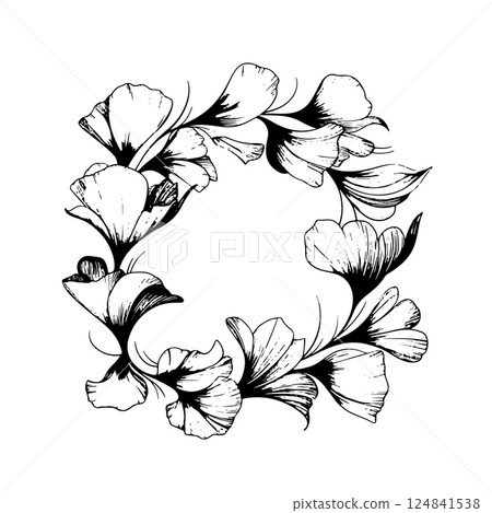 Floral Wreath with Detailed Botanical Elements. A floral wreath with detailed hand-drawn petals and leaves in a botanical style, ideal for logos, invitations, and decorative artwork. Floral Wreath with Detailed Botanical Elements. A floral wreath with detailed hand-drawn petals and leaves in a botanical style, ideal for logos, invitations, and decorative artwork. 124841538