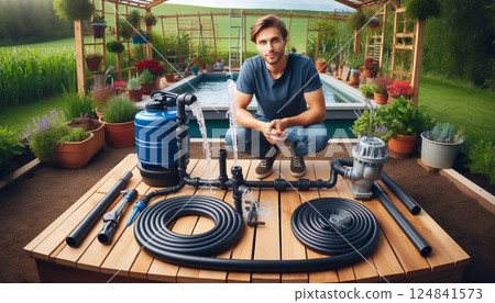 Bringing water from a well to the garden plot for irrigation 124841573