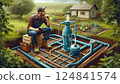 Bringing water from a well to the garden plot for irrigation 124841574