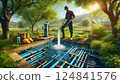 Bringing water from a well to the garden plot for irrigation 124841576