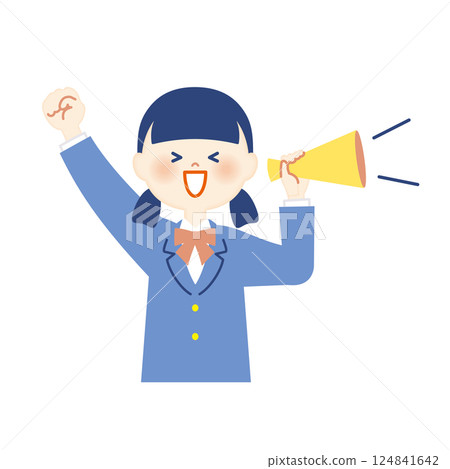 Female student in blazer, megaphone and fist pump, upper body Female student in blazer, megaphone and fist pump, upper body 124841642