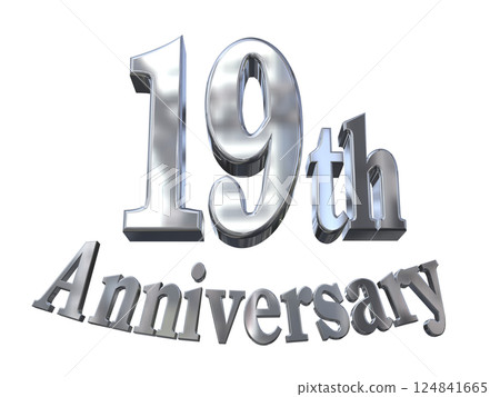 3DCG 字母“19 週年/19 週年紀念標誌閃光”銀色，銀色 124841665