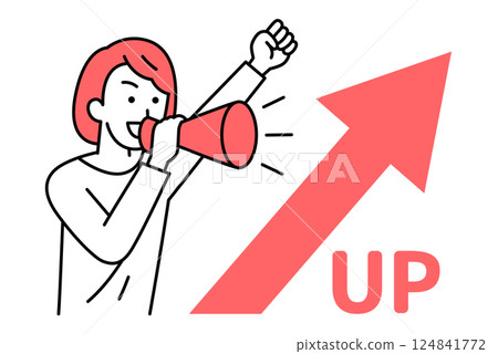 Rising arrow and casual woman cheering with megaphone 124841772