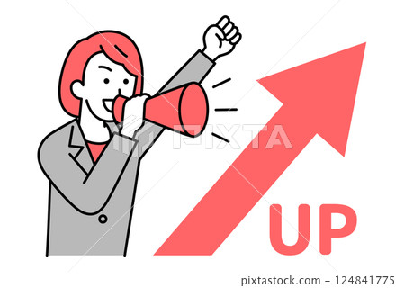 A woman in a suit cheering with a rising arrow and a megaphone 124841775