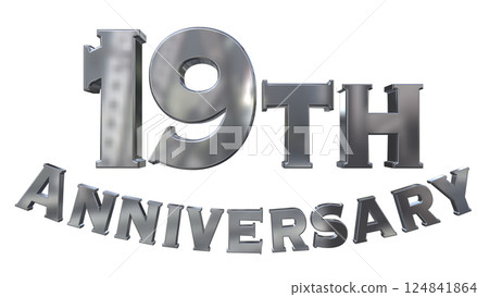 3DCG 字母“19 週年/19 週年紀念標誌閃光”銀色，銀色 124841864