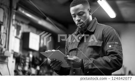Black and white photo of an african american car mechanic are checking the results of the car engine diagnostics on notepad. Car maintenance service. 124842077