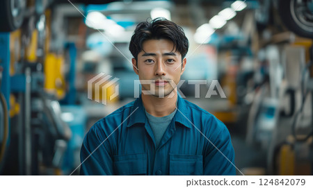 Young asian car mechanic dressed in workwear is standing at the car workshop and looking at the camera. Auto repair shop. Car maintenance service. 124842079