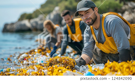 Male and female volunteers are collecting plastic trash on the beach. Plastic bottles and other garbage polluted of a seaside. Ocean pollution. 124842090