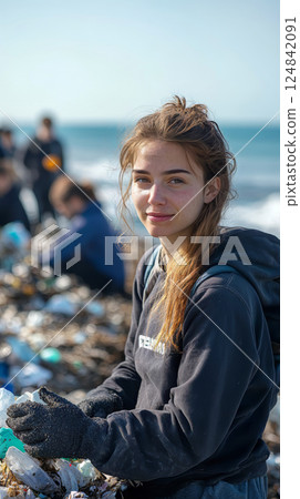 Young female volunteer is collecting plastic trash on the beach. Close up. Plastic bottles and other garbage polluted of a seaside. Ocean pollution. 124842091