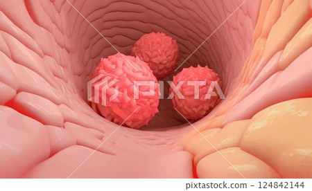 3D illustration of tumors, cancer cells, and polyps in the body, such as the colon, seen through an endoscope 124842144