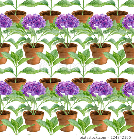 Potted hydrangea pattern. Watercolor purple flowers in flower pots isolated on a white background. Good for postcards, invitations, greeting cards, wallpaper and textiles. Potted hydrangea pattern. Watercolor purple flowers in flower pots isolated on a white background. Good for postcards, invitations, greeting cards, wallpaper and textiles. 124842190