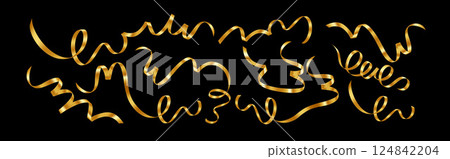 Elegant Gold Ribbons Vector Illustration on Black Background, Perfect for Celebrations and Festive Decorations Elegant Gold Ribbons Vector Illustration on Black Background, Perfect for Celebrations and Festive Decorations 124842204