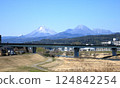 View of Mount Yufu and Mount Tsurumi from Myogasaki Bridge in Oita City. 124842254