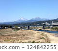 View of Mount Yufu and Mount Tsurumi from Myogasaki Bridge in Oita City. 124842255