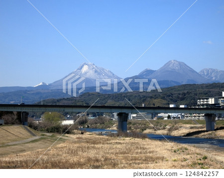 View of Mount Yufu and Mount Tsurumi from Myogasaki Bridge in Oita City. View of Mount Yufu and Mount Tsurumi from Myogasaki Bridge in Oita City. 124842257