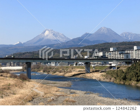 View of Mount Yufu and Mount Tsurumi from Myogasaki Bridge in Oita City. View of Mount Yufu and Mount Tsurumi from Myogasaki Bridge in Oita City. 124842262