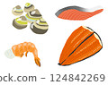 貝類和蝦、鮭魚和鰻魚插圖 124842269