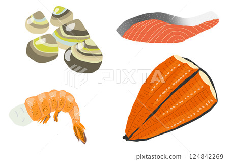 貝類和蝦、鮭魚和鰻魚插圖 124842269