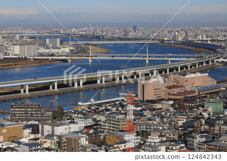 Urban Cityscape Highlighting River, Bridges, Chiba Dec 8 2024 124842343