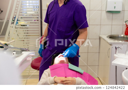 Dental care in progress as a patient receives treatment at the clinic with experienced staff ensuring comfort and safety during the procedure Dental care in progress as a patient receives treatment at the clinic with experienced staff ensuring comfort and safety during the procedure 124842422