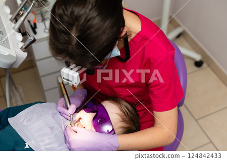 Child receives dental treatment with care in a pediatric clinic while wearing protective eyewear during afternoon appointment 124842433