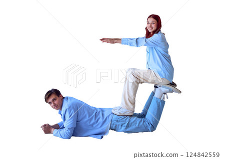 teenage sister and adult brother play together for a photo png, isolated, 124842559