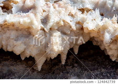 Natural salt stalactites crystals at the Dead Sea 124842739