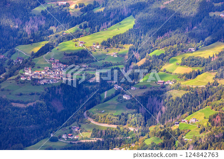 Alpe di Siusi, Italy aerial panorama, Dolomites Alpe di Siusi, Italy aerial panorama, Dolomites 124842763