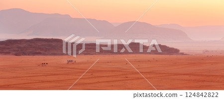 Morning landscape Wadi Rum desert, Jordan, camels Morning landscape Wadi Rum desert, Jordan, camels 124842822