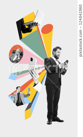 Man collaborating with team through online meeting. Conceptual collage. Outsourcing dynamics of remote communication, multitasking, and teamwork. 124842860