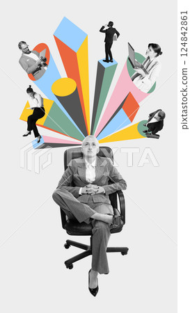 Collage of global remote teams. Central female leader with vibrant connections to distributed collaborators, digital tools, and freelance input. 124842861