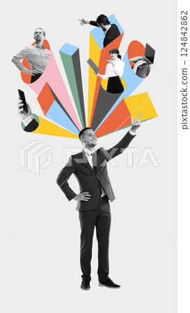 Young leader, smiling man interacting with multicolored beams with remote employees working. 124842862