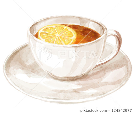 白色茶杯中檸檬茶的水彩插圖 124842977