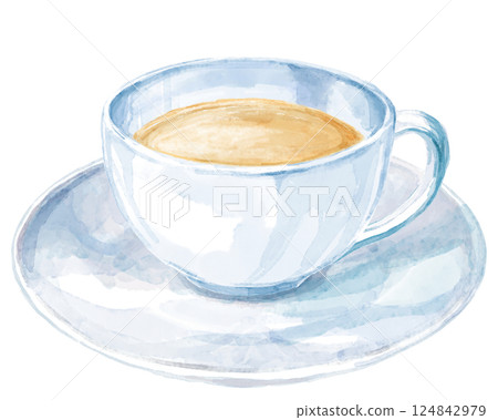 Watercolor illustration of milk tea in a light blue teacup 124842979