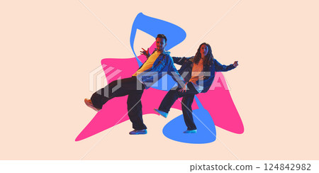 Poster. Contemporary art collage. Urban duo in denim captured mid-move against pink and blue rhythm forms. 124842982